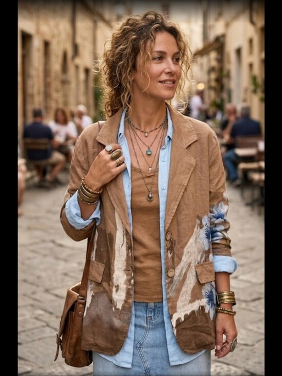 Jackets & Blazers - IT18 Made In Italy 100% Linen Camel Brown Floral Print Blazer Jacket